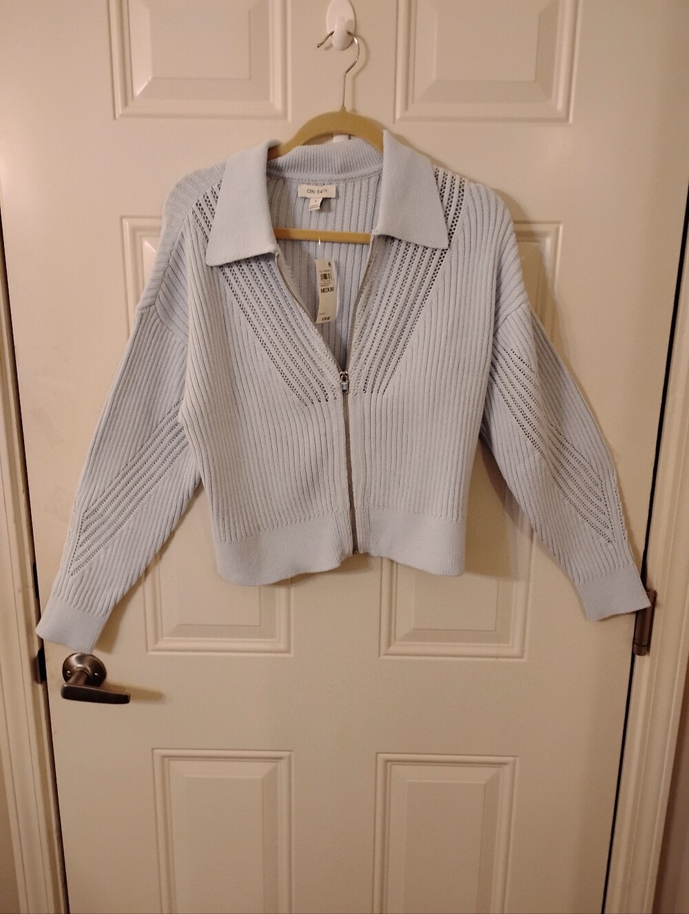 On 34th Womens Light Blue Zip-Front Knit Cardigan
